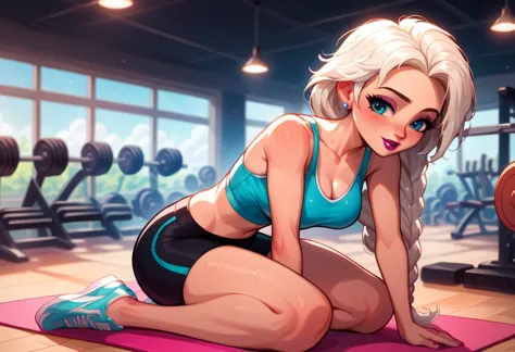 score_9,score_8_up,score_7_up,score_6_up, cinematic film still casual elsa, (cute workout attire, long hair, braid:1.1), elegant...