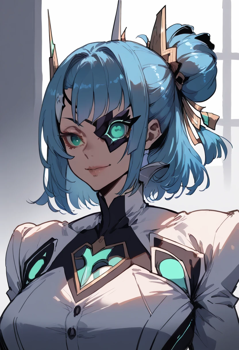 Mikumari \(Xenoblade\)masterpiece, Highest quality, ((1 person)),Blue Hair,Green Eyes,Serious expression, smile,Upper Body,Line art,Medium Hair,White blazer,Black T-shirt,Big Breasts,Bunhead,Black Mask, Expressionless blue eyes,((Kubo Obito Style)) Detailed face, Face Focus, Are standing, Black Hair,(hair ornaments:1.35),office lady, Sleeves edged with ribbon, Removable sleeves, Ribbon trim, Wide sleeves, (View your audience:1.5) Long Hair, iris, bangs, lips,smile,grassland