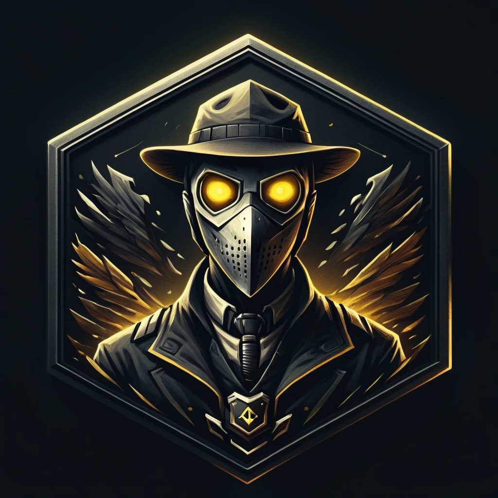 Badgetype,solo badge,counter strike2 type badge,solo,looking at viewer,yellow eyes,1boy,male focus,no humans,mask,glowing,black background,portrait,straight-on, plague doctor
