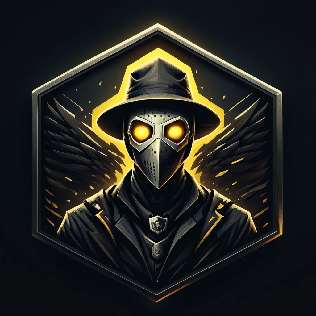 Badgetype,solo badge,counter strike2 type badge,solo,looking at viewer,yellow eyes,1boy,male focus,no humans,mask,glowing,black background,portrait,straight-on, plague doctor, strip background