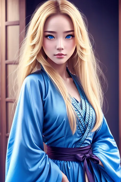 (masterpiece), hanfu woman high definition, european and american faces, perfect face, long blonde hair, blue eyes, very charmin...