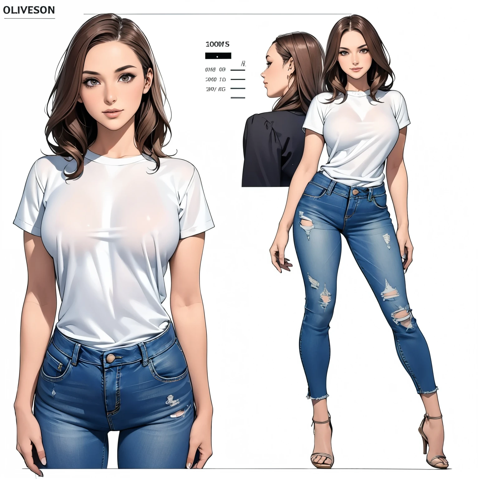 Detailed character sheet, Front view, Side view, Oblique view, with a white returnground, show women, 30 years old, with short dark brown hair combed return, Light casual clothing, Wear tight denim jeans. The seat includes different angles, Front desk etc.., return, and Side views, Model and Reference Sheets, Full body painting. The ratio is based on 7.5 Head Scale.