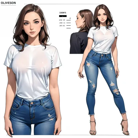 Detailed character sheet, Front view, Side view, Oblique view, with a white returnground, show women, 30 years old, with short dark brown hair combed return, Light casual clothing, Wear tight denim jeans. The seat includes different angles, Front desk etc.., return, and Side views, Model and Reference Sheets, Full body painting. The ratio is based on 7.5 Head Scale.