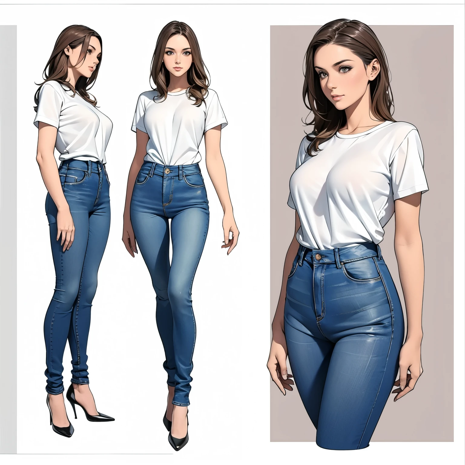 Detailed character sheet, Front view, Side view, Oblique view, with a white returnground, show women, 30 years old, with short dark brown hair combed return, Light casual clothing, Wear tight denim jeans. The seat includes different angles, Front desk etc.., return, and Side views, Model and Reference Sheets, Full body painting. The ratio is based on 7.5 Head Scale.