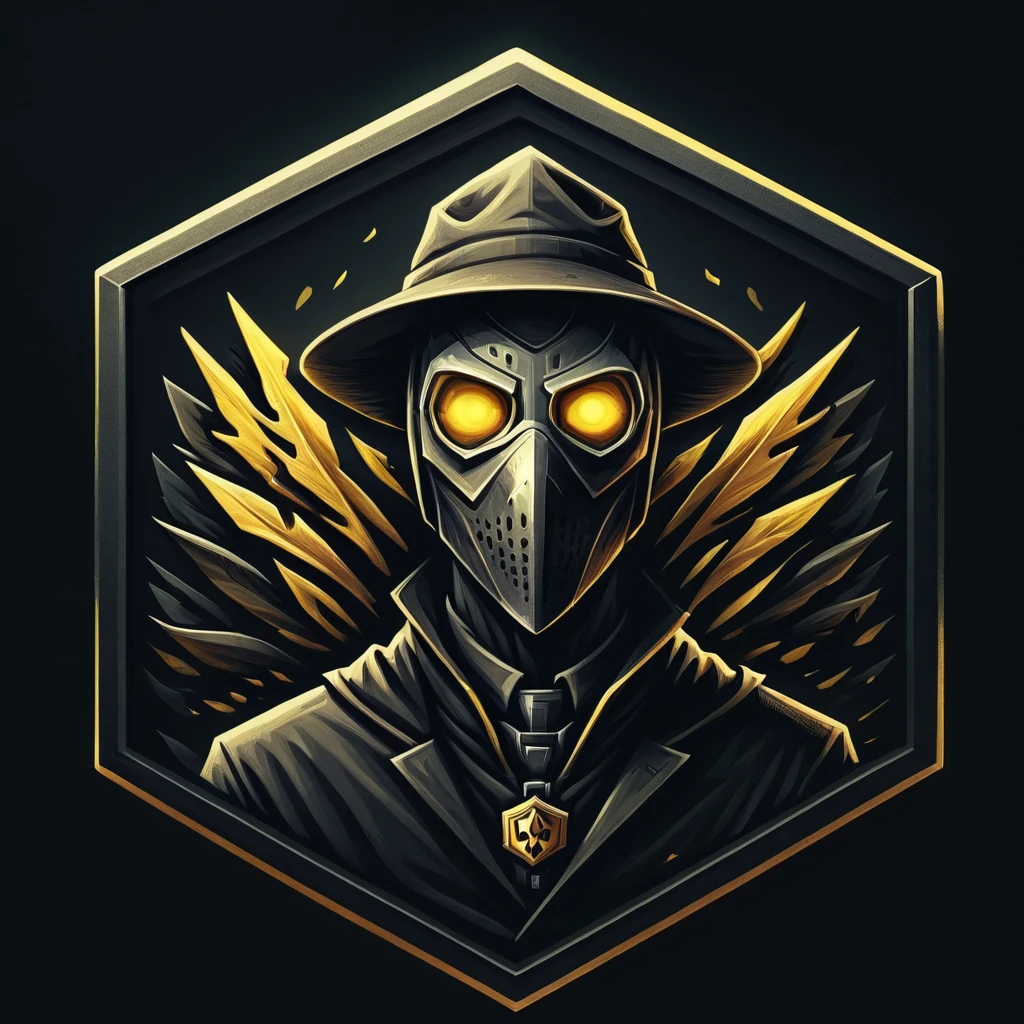 Badgetype,solo badge,counter strike2 type badge,solo,looking at viewer,yellow eyes,1boy,male focus,no humans,mask,glowing,black background,portrait,straight-on, plague doctor, simple background