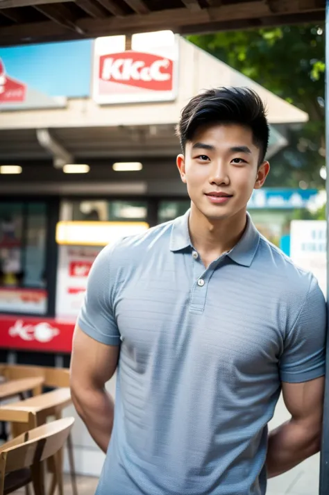 ((realistic daylight)) , young korean man in only a polo shirt, no stripes, and jeans., a handsome, muscular young asian man loo...