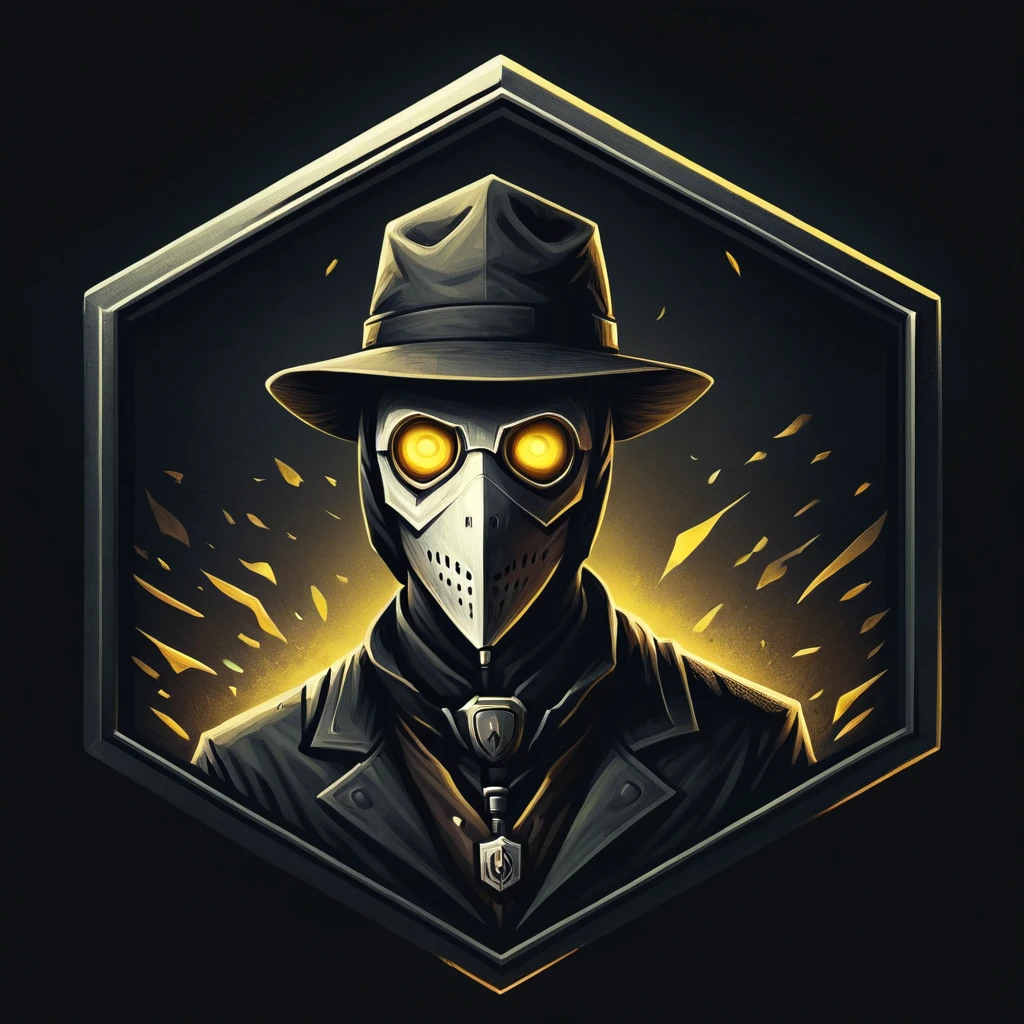 Badgetype,solo badge,counter strike2 type badge,solo,looking at viewer,yellow eyes,1boy,male focus,no humans,mask,glowing,black background,portrait,straight-on, plague doctor, simple background