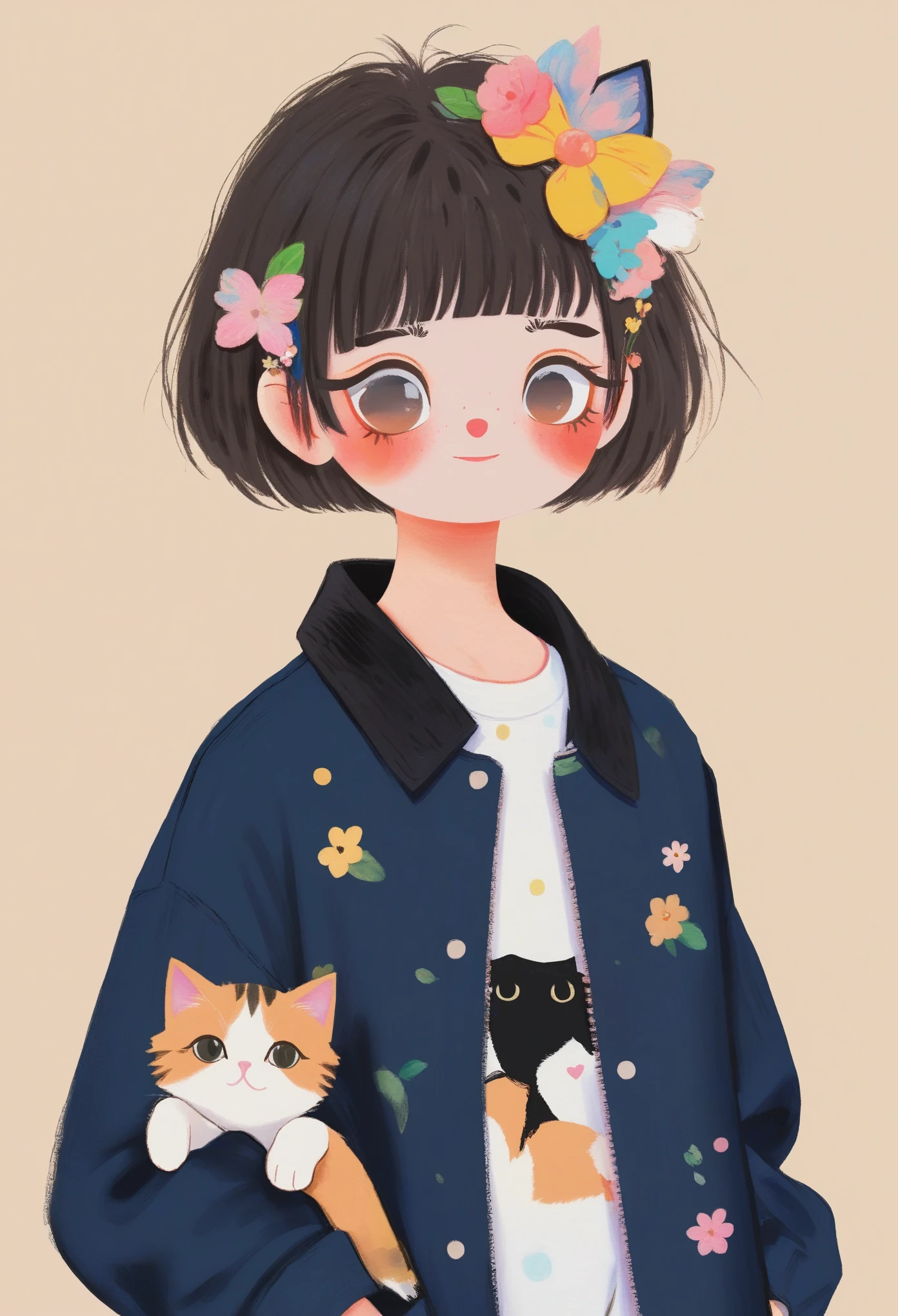 Masterpiece, Best Quality, Cute Hand Painted, A Cat, 独奏, Shirt, Pants, Short Hair, Solid Background, Printed Shirt, Black Pants, Blush, Hair Accessories, Appearance Audience, Jacket,white background