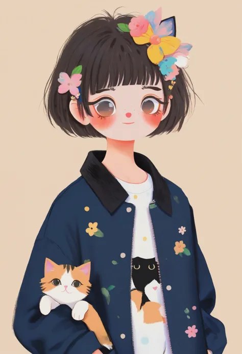 Masterpiece, Best Quality, Cute Hand Painted, A Cat, 独奏, Shirt, Pants, Short Hair, Solid Background, Printed Shirt, Black Pants, Blush, Hair Accessories, Appearance Audience, Jacket,white background