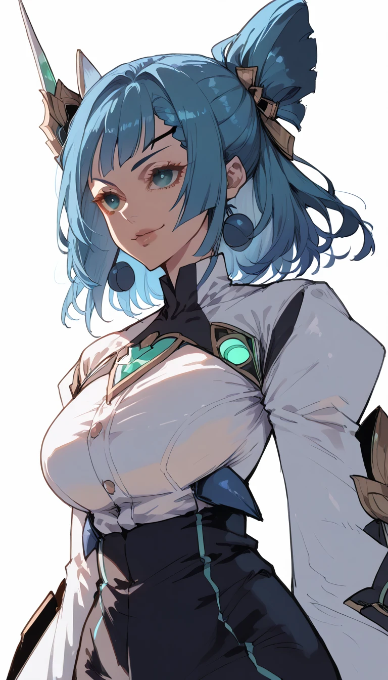 Mikumari \(Xenoblade\)masterpiece, Highest quality, ((1 person)),Blue Hair,Green Eyes,Serious expression, smile,Upper Body,Line art,Medium Hair,White blazer,Black T-shirt,Big Breasts,Bunhead,Two dumplings,Black Mask, Expressionless blue eyes,((Kubo Obito Style)) Detailed face, Face Focus, Are standing, Black Hair,(hair ornaments:1.35),office lady, Sleeves edged with ribbon, Removable sleeves, Ribbon trim, Wide sleeves, (View your audience:1.5) Long Hair, iris, bangs, lips,smile,grassland