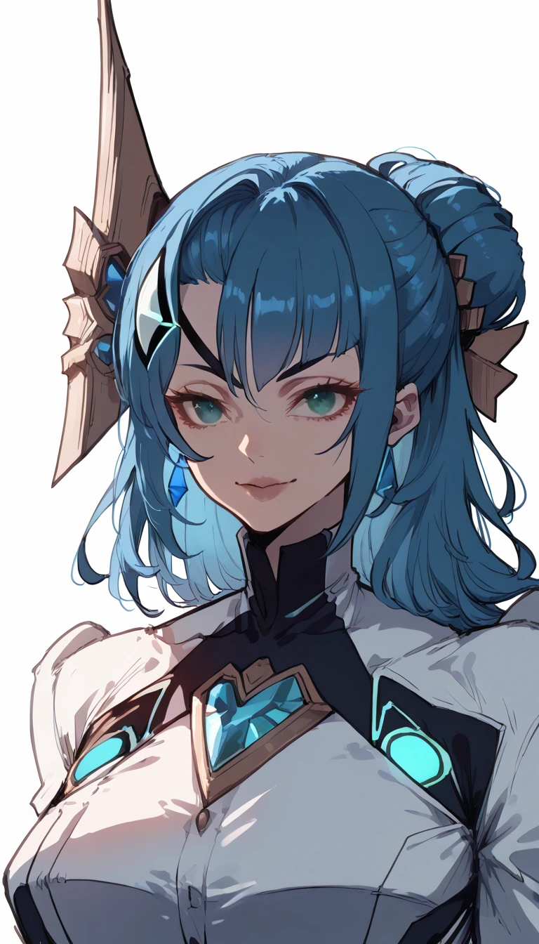 Mikumari \(Xenoblade\)masterpiece, Highest quality, ((1 person)),Blue Hair,Green Eyes,Serious expression, smile,Upper Body,Line art,Medium Hair,White blazer,Black T-shirt,Big Breasts,Bunhead,Two dumplings,Black Mask, Expressionless blue eyes,((Kubo Obito Style)) Detailed face, Face Focus, Are standing, Black Hair,(hair ornaments:1.35),office lady, Sleeves edged with ribbon, Removable sleeves, Ribbon trim, Wide sleeves, (View your audience:1.5) Long Hair, iris, bangs, lips,smile,grassland