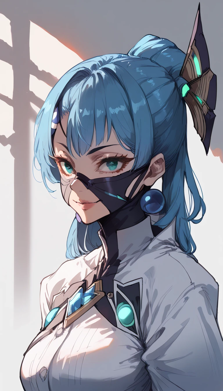 Mikumari \(Xenoblade\)masterpiece, Highest quality, ((1 person)),Blue Hair,Green Eyes,Serious expression, smile,Upper Body,Line art,Medium Hair,White blazer,Black T-shirt,Big Breasts,Bunhead,Two dumplings,Black Mask, Expressionless blue eyes,((Kubo Obito Style)) Detailed face, Face Focus, Are standing, Black Hair,(hair ornaments:1.35),office lady, Sleeves edged with ribbon, Removable sleeves, Ribbon trim, Wide sleeves, (View your audience:1.5) Long Hair, iris, bangs, lips,smile,grassland