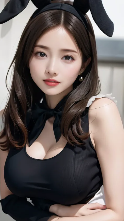 Highest quality、((Large Breasts))、Great light、Beautiful lighting、Brown Hair、Blunt bangs、((Straight hair))、I can see her cleavage、Sexy black bunny suit、((Bunny ears headband、A bow tie))、Gorgeous Accessories、Knee-high socks、Cute Smile、White background