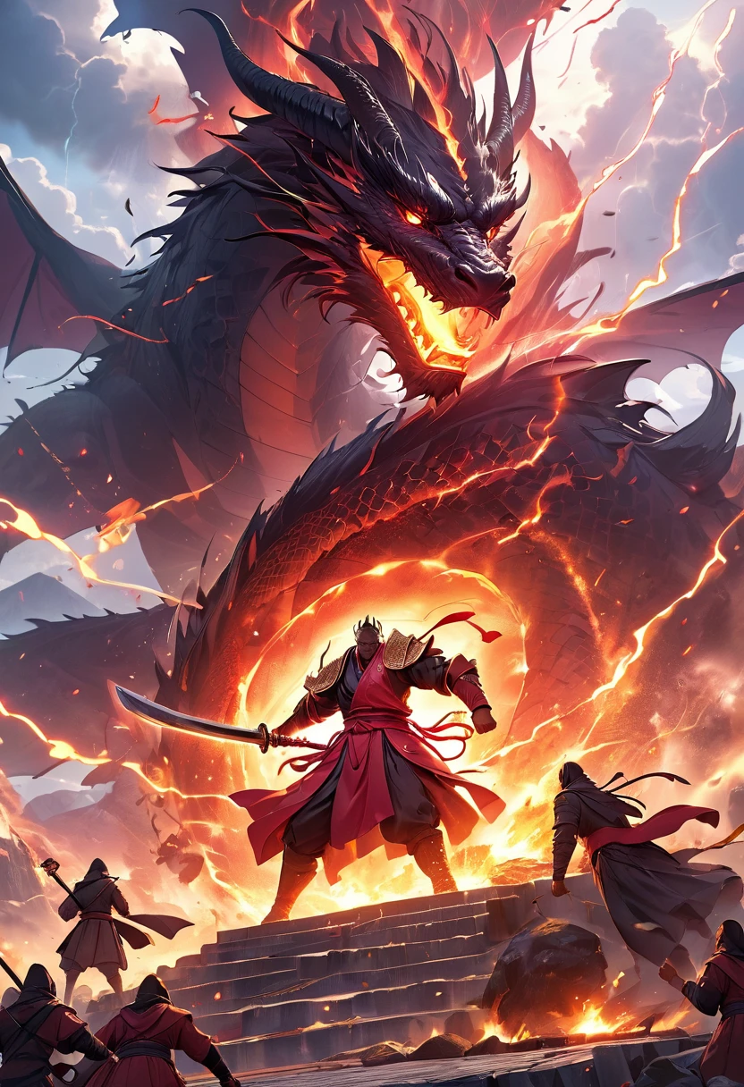 4 young men and women(Highest quality,Extremely detailed depiction,Incredible high resolution,Anatomically accurate depiction),(Glowing Skin,Glowing Skin,Sweat),Fighting a giant dragon,Warrior with a sword,Warrior with a shield,Wizard casting fire spells,Praying monk,background:Demon World,Fantasy,Lightning in the sky,huge black dragon,monster