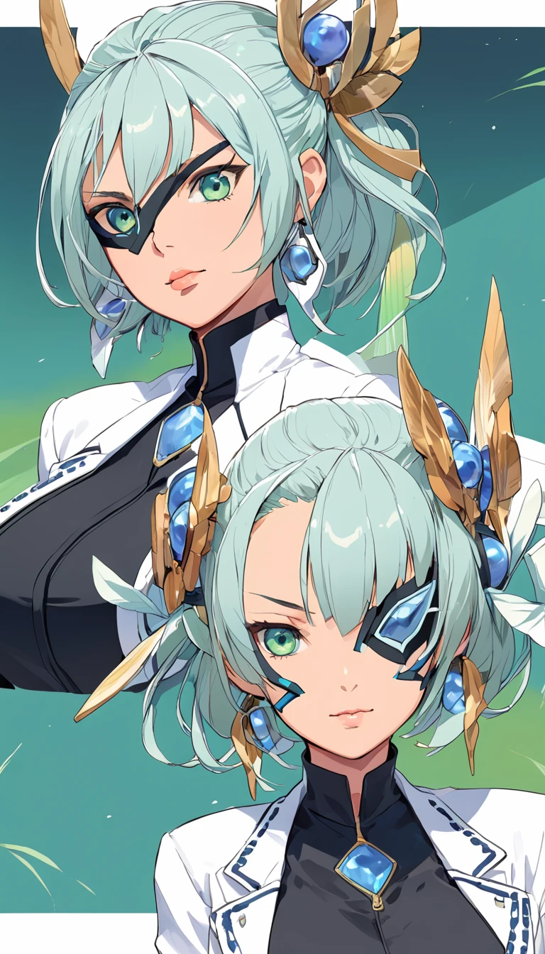 Mikumari \(Xenoblade\)masterpiece, Highest quality, ((1 person)),Blue Hair,Green Eyes,Serious expression, smile,Upper Body,Line art,Medium Hair,White blazer,Black T-shirt,Big Breasts,Bunhead,Two dumplings,Black Mask, Expressionless blue eyes,((Kubo Obito Style)) Detailed face, Face Focus, Are standing, Black Hair,(hair ornaments:1.35),office lady, Sleeves edged with ribbon, Removable sleeves, Ribbon trim, Wide sleeves, (View your audience:1.5) Long Hair, iris, bangs, lips,smile,grassland