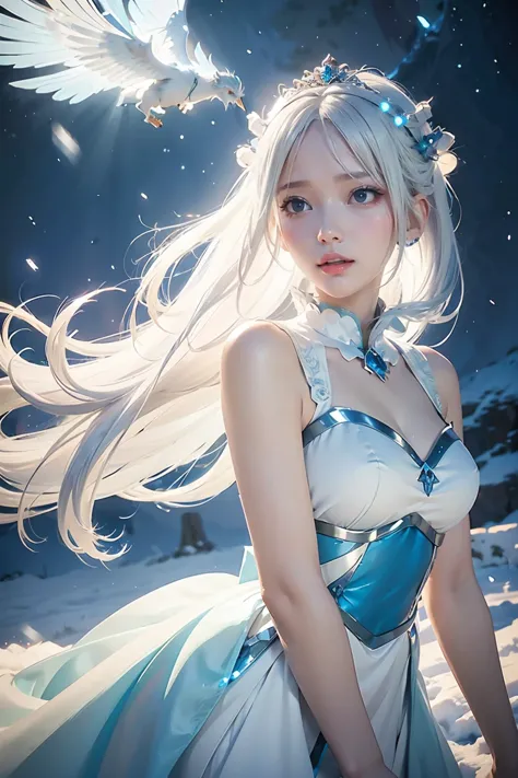 anime girl with long white hair and a blue dress in the snow, white haired deity, white hair floating in air, anime fantasy illu...