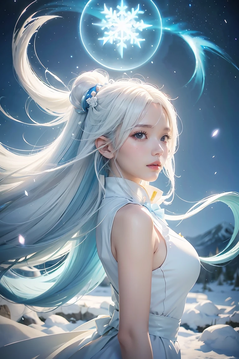 anime girl with long white hair and a blue dress in the snow, white haired deity, white hair floating in air, anime fantasy illustration, flowing white hair, beautiful young wind spirit, beautiful fantasy anime, glowing flowing hair, ethereal anime, beautiful anime artwork, beautiful digital artwork, anime fantasy artwork, ((a beautiful fantasy empress)), 2. 5 d cgi anime fantasy artwork