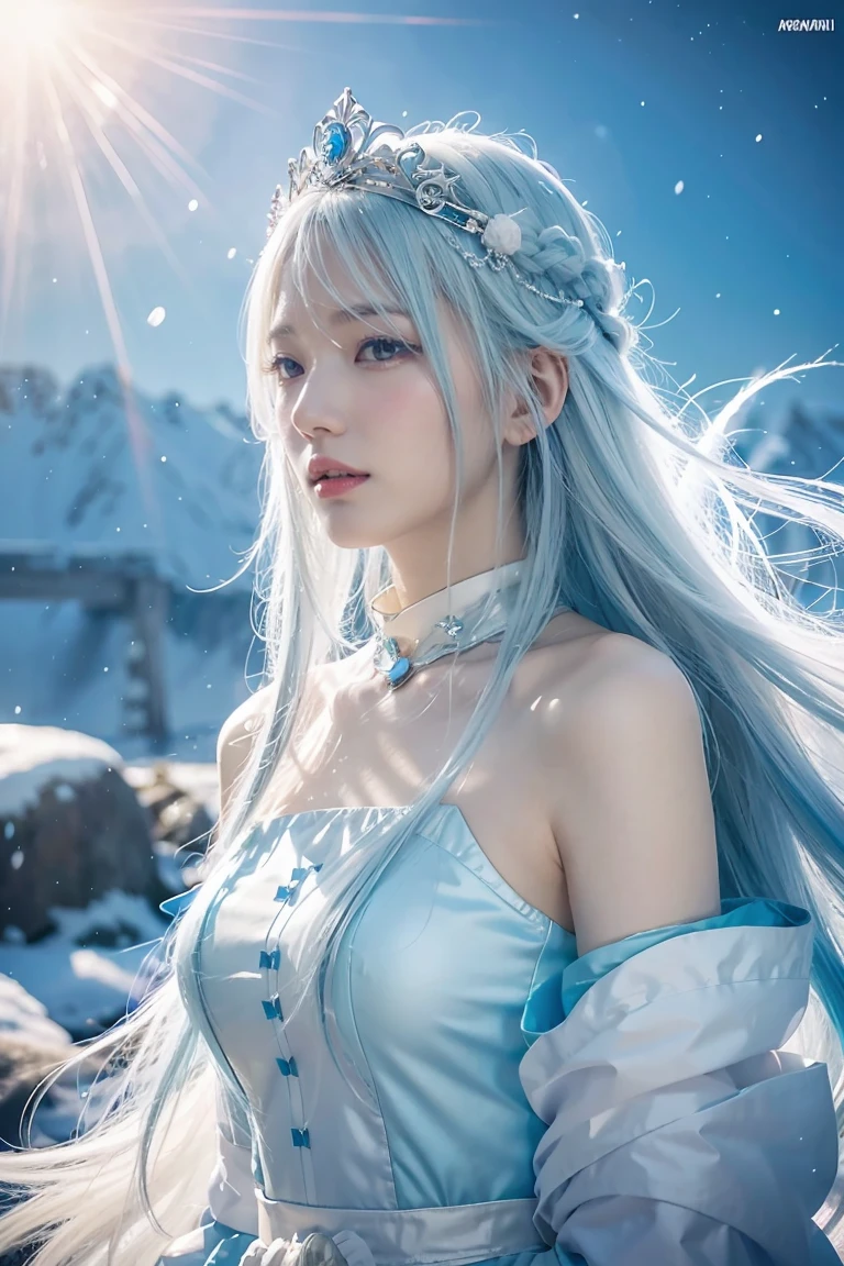 anime girl with long white hair and a blue dress in the snow, white haired deity, white hair floating in air, anime fantasy illustration, flowing white hair, beautiful young wind spirit, beautiful fantasy anime, glowing flowing hair, ethereal anime, beautiful anime artwork, beautiful digital artwork, anime fantasy artwork, ((a beautiful fantasy empress)), 2. 5 d cgi anime fantasy artwork