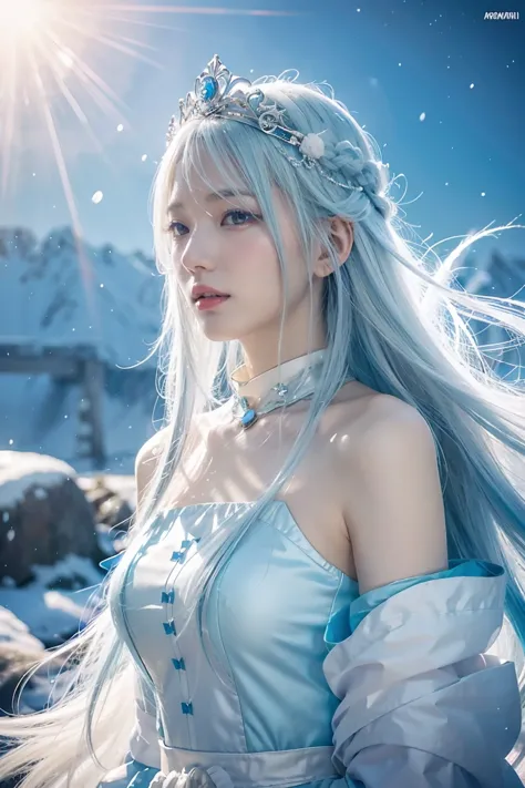 anime girl with long white hair and a blue dress in the snow, white haired deity, white hair floating in air, anime fantasy illu...