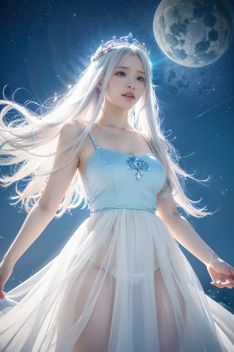 anime girl with long white hair and a blue dress in the snow, white haired deity, white hair floating in air, anime fantasy illu...