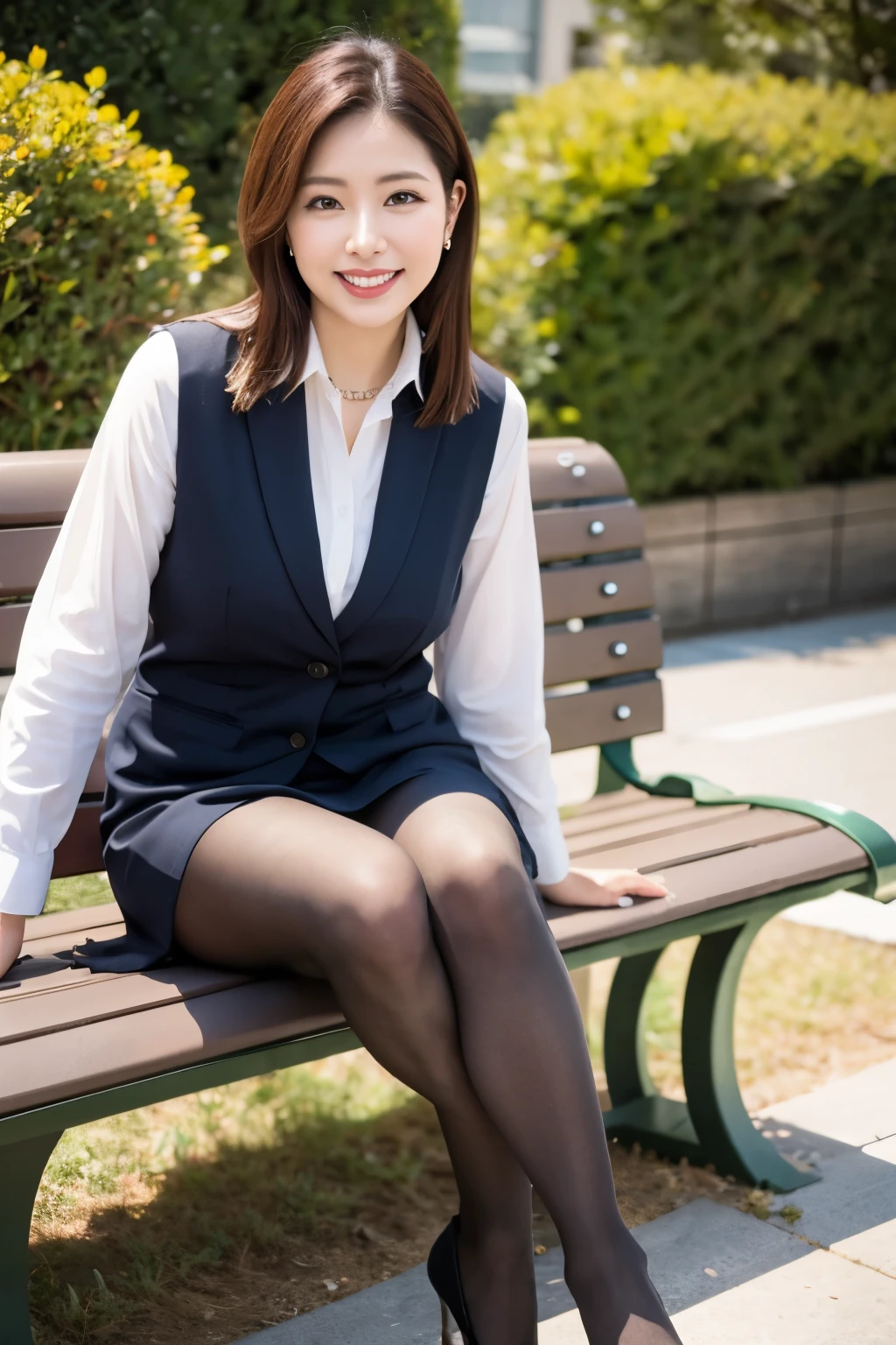 ulzzang-6500-v1.1, (RAW Photos:1.2), (Photorealistic), (Genuine:1.4), １girl、Perfect Anatomy、48 years old、Looking at the camera、Medium Long Hair、Plaid vest、((Sitting on a bench:1.3))、(Ultra-realistic pantyhose:1.2), (High heels)、(Business services)、(A very loving smile:1.2)、