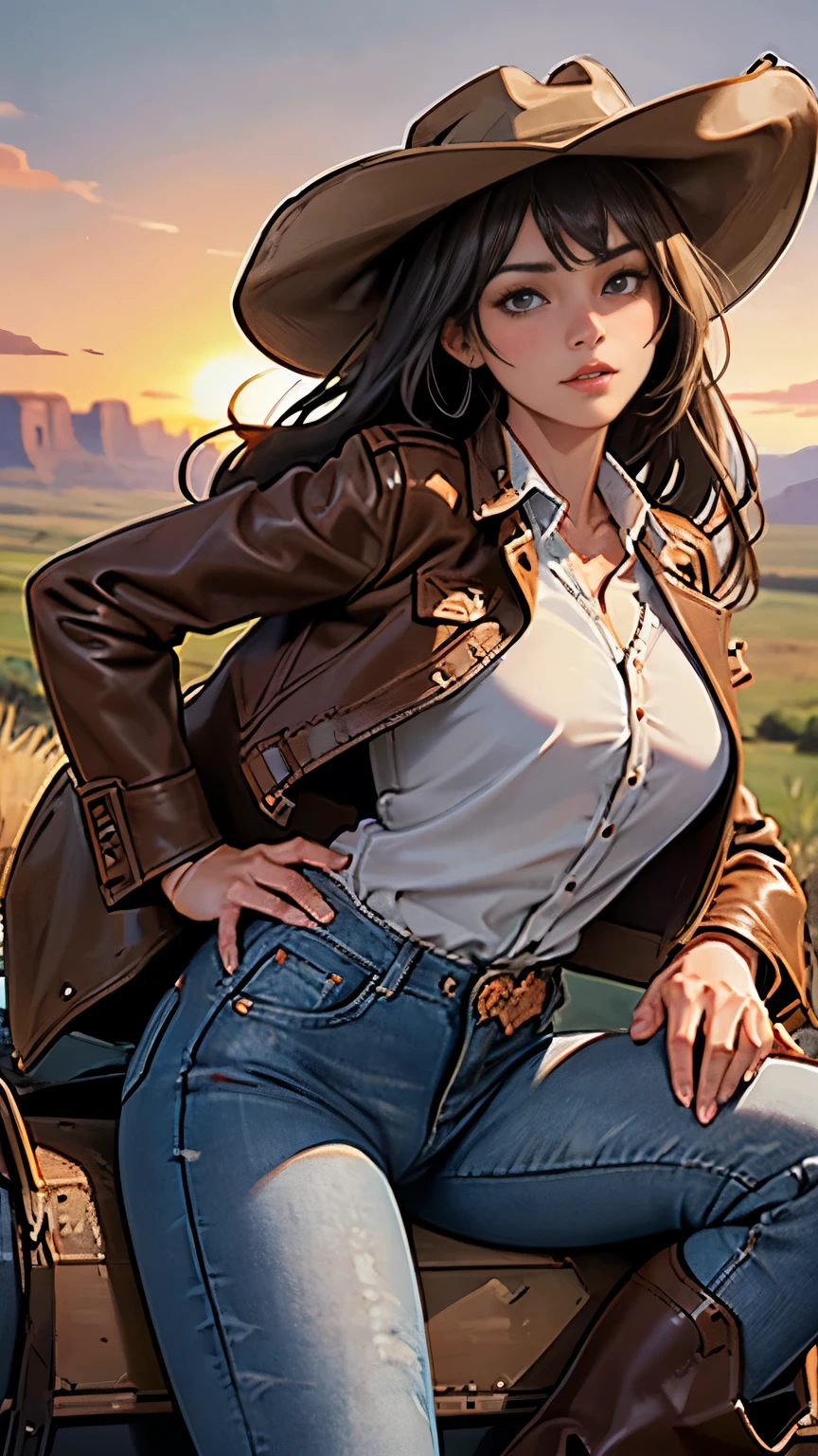 digital portrait, realistic depiction of the human body, RAW photo, one western cow girl, gentle gray eyes, plump lips, An ennui look, huge firm bouncing busts, Long brown hair, horse riding, (((Cowboy hat, Worn brown leather jacket, Lace shirt, Jeans short pants, Leather cowboy boots))), highest quality, super resolution, master piece:1.5, medium depth of field, 50ｍｍlens, cinematic lighting, Backlight, professional photographer, From the sky, Monument Valley, vast ranch, Sunset, sunset, Herd of cows, Riding a beloved horse