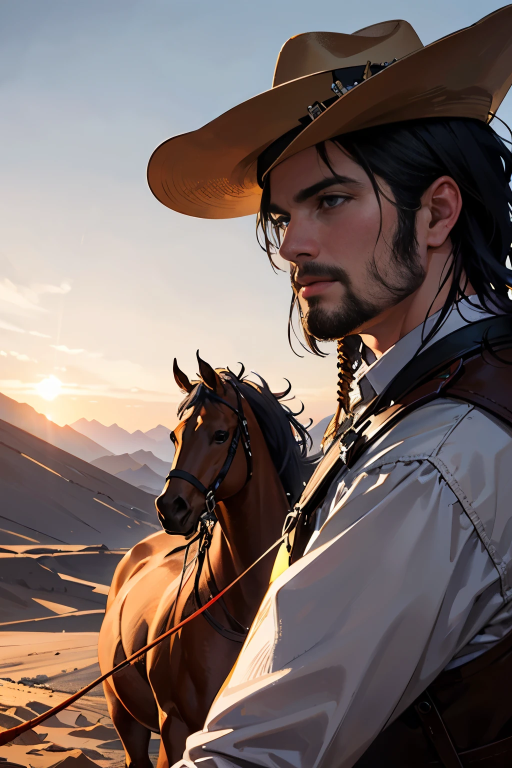 1. Cowboy, Cowgirl, Cowboy hat, western drama、lasso, horse, Ranch, sunset, desert, Action pose, Detailed face, (Highest quality,4K,8k,High resolution,masterpiece:1.2),Very detailed,(Realistic,photoRealistic,photo-Realistic:1.37),Cinema Lighting,Dramatic Shadows,Vibrant colors,Dynamic configuration
