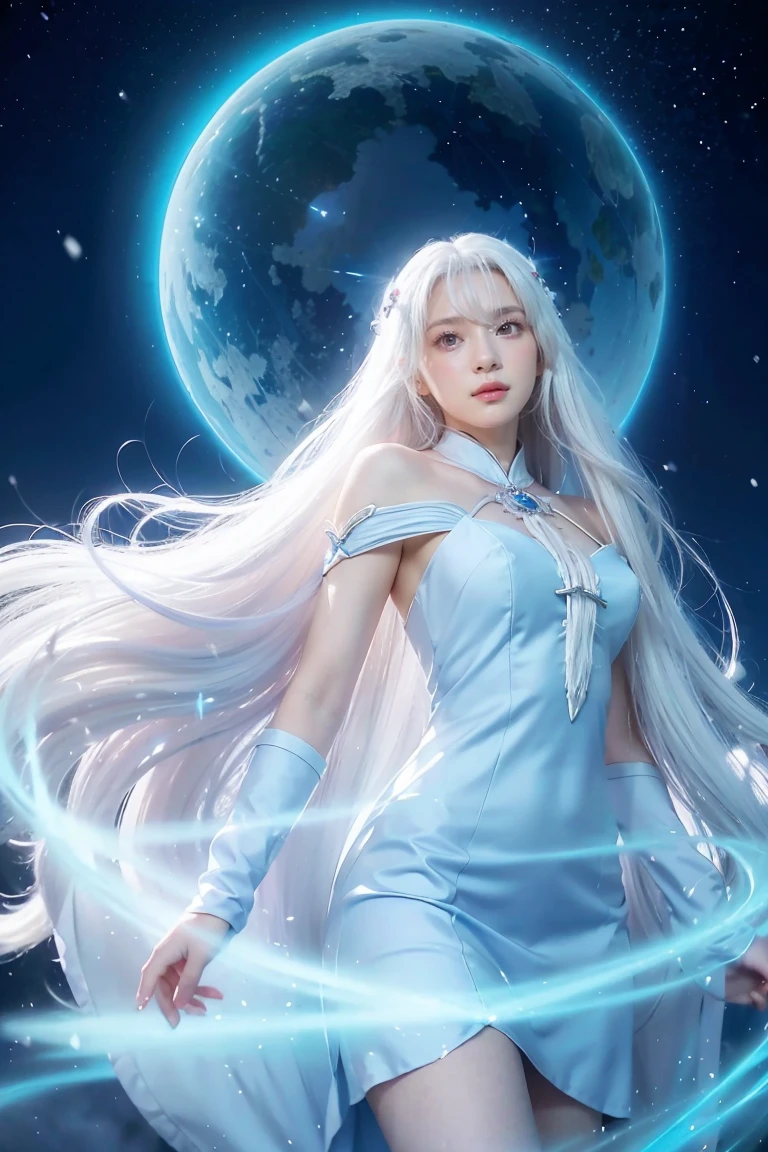 anime girl with long white hair and a blue dress in the snow, white haired deity, white hair floating in air, anime fantasy illustration, flowing white hair, beautiful young wind spirit, beautiful fantasy anime, glowing flowing hair, ethereal anime, beautiful anime artwork, beautiful digital artwork, anime fantasy artwork, ((a beautiful fantasy empress)), 2. 5 d cgi anime fantasy artwork