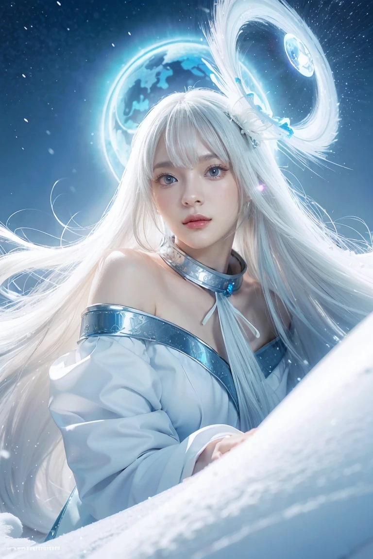 anime girl with long white hair and a blue dress in the snow, white haired deity, white hair floating in air, anime fantasy illustration, flowing white hair, beautiful young wind spirit, beautiful fantasy anime, glowing flowing hair, ethereal anime, beautiful anime artwork, beautiful digital artwork, anime fantasy artwork, ((a beautiful fantasy empress)), 2. 5 d cgi anime fantasy artwork