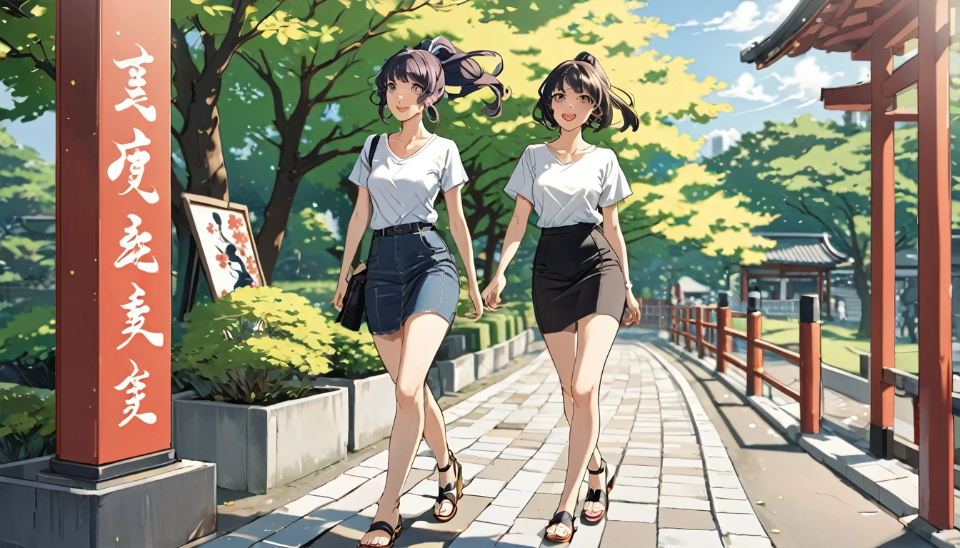 masterpiece, Great quality, Highest quality, High resolution, 4K, 8k, 超High resolution, Ukiyo-e art style, By Lela, by Yoneyama Mai, by Katsushika Åi 1girl, alone, Tight Skirt, White T-shirt, Sandals, stylish,ponytail, Walking Pose, A lively park, Joyful, Top view,