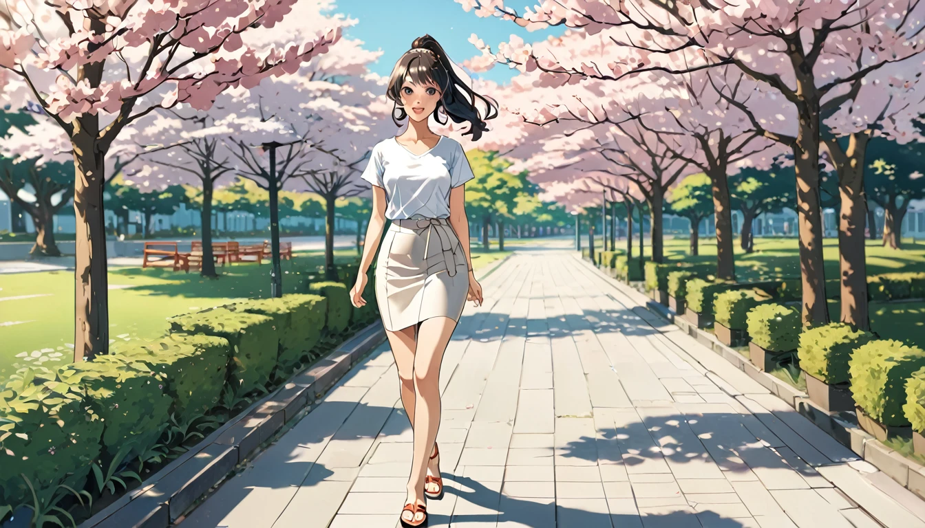 masterpiece, Great quality, Highest quality, High resolution, 4K, 8k, 超High resolution, Ukiyo-e art style, By Lela, by Yoneyama Mai, by Katsushika Åi 1girl, alone, Tight Skirt, White T-shirt, Sandals, stylish,ponytail, Walking Pose, A lively park, Joyful, Top view,