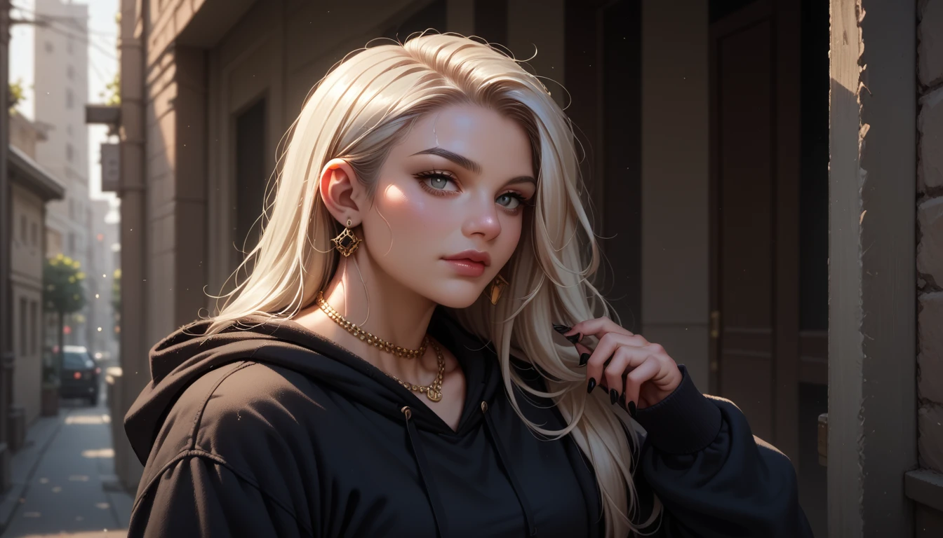 very beautiful girl, there is a big black cat ride on her shoulder, the beautiful girl wearing hoodie, black cat wearing gold necklace, half body, 8k