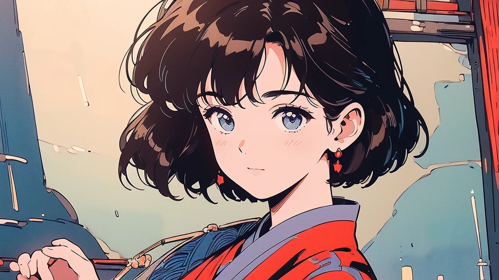 ((Highest quality, 8k, masterpiece: 1.3)), Highly detailed face and skin texture, Detailed eyes, Traditional Japanese Kimono, Blue kimono, Long-sleeved kimono, Brown Hair, short hair, Hairpin, From above, At a shrine in Kyoto