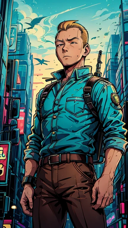 (Teens:1boy: Tintin, Cyberpunk), (extremely detailed CG unit 8k wallpaper),(master part), (best quality), (ultra detali), (best illustration),(melhor ombre), cowboy shot, (Sharp eyeliner, ombre, detailedeyes:1), Dark, midnight, Neon lights, Tokyo City background, ,break , (star15escola:1.2), upper body,short hair, grey hair, 1man, Tintin,1boy, blue top, brown pant