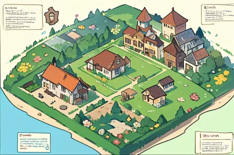 Game map, map of a village surrounded by trees, fantasy, small village, greenhouse, flowers