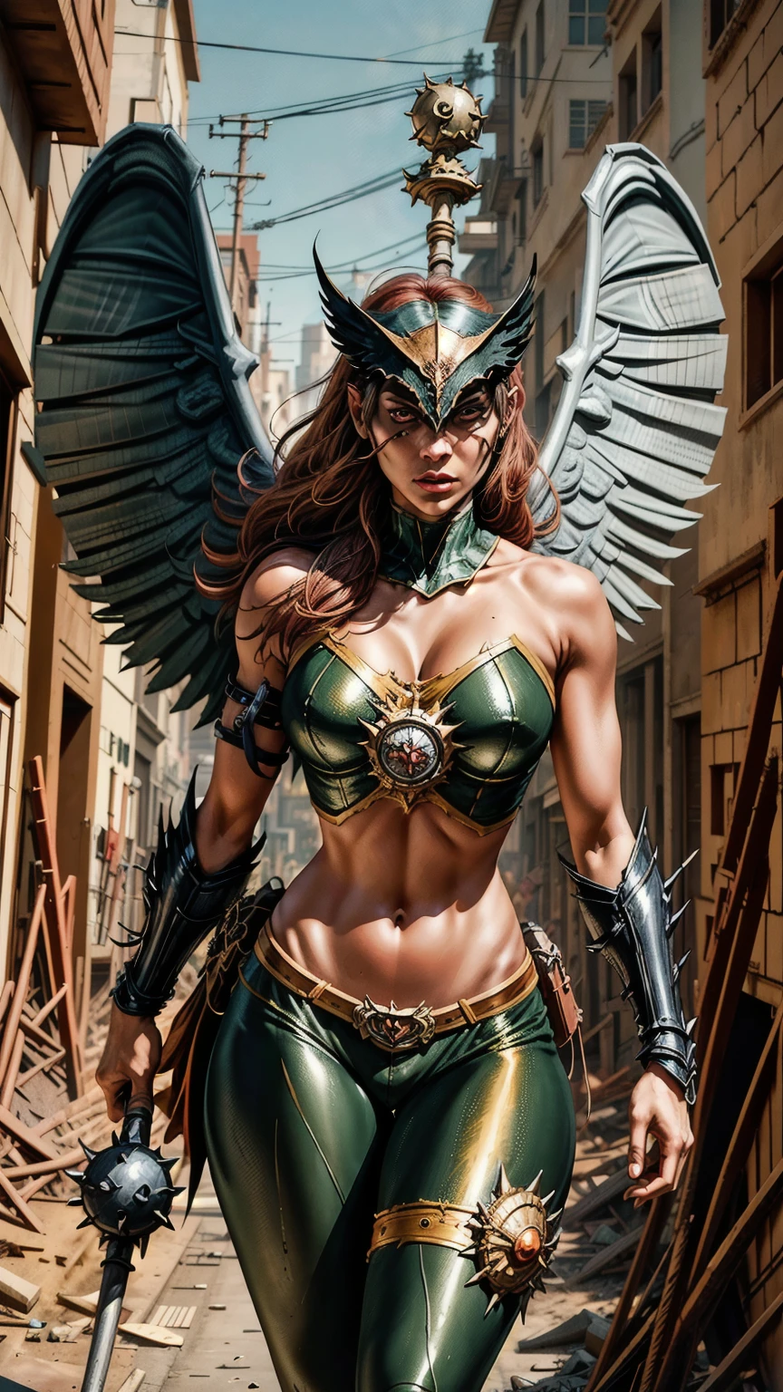 (cowboy shot), (masterpiece), (best quality:1.0), (ultra highres:1.0), highly detailed face and eyes,
BREAK
ShayeraDC, green eyes, mask, metal wings, wings, holding weapon, large spiked mace
green and gold crop top, shoulder pauldron, gauntlets, pantyhose, midriff, belt, 
BREAK
WALKING THROUGH A BURNED OUT CITY, WALKING THROUGH THE RUBBLE, Large breasts, thick thighs , microthong