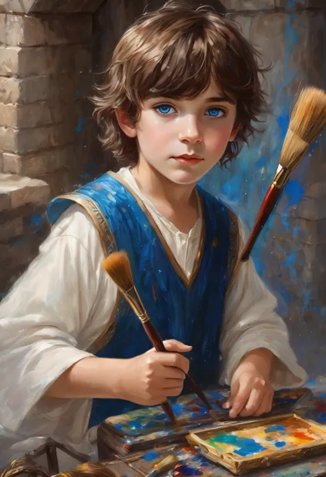 young boy , Medium Brown Hair with Messy Fringe Hairstyle., bright magical blue eyes, painting magic, magic paint brush, ancient...