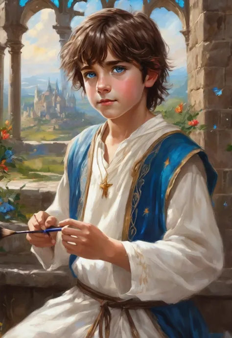 young boy , Medium Brown Hair with Messy Fringe Hairstyle., bright magical blue eyes, painting magic, magic paint brush, ancient...
