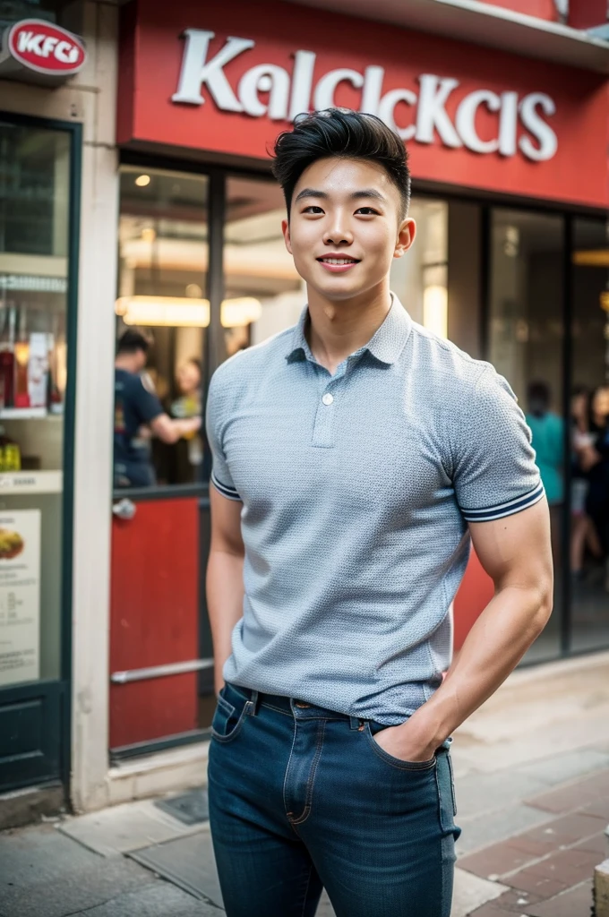 ((realistic daylight)) , Young Korean man in only a polo shirt, no stripes, and jeans., A handsome, muscular young Asian man looks at the camera.  , In the KFC store ,turn sideways, smile