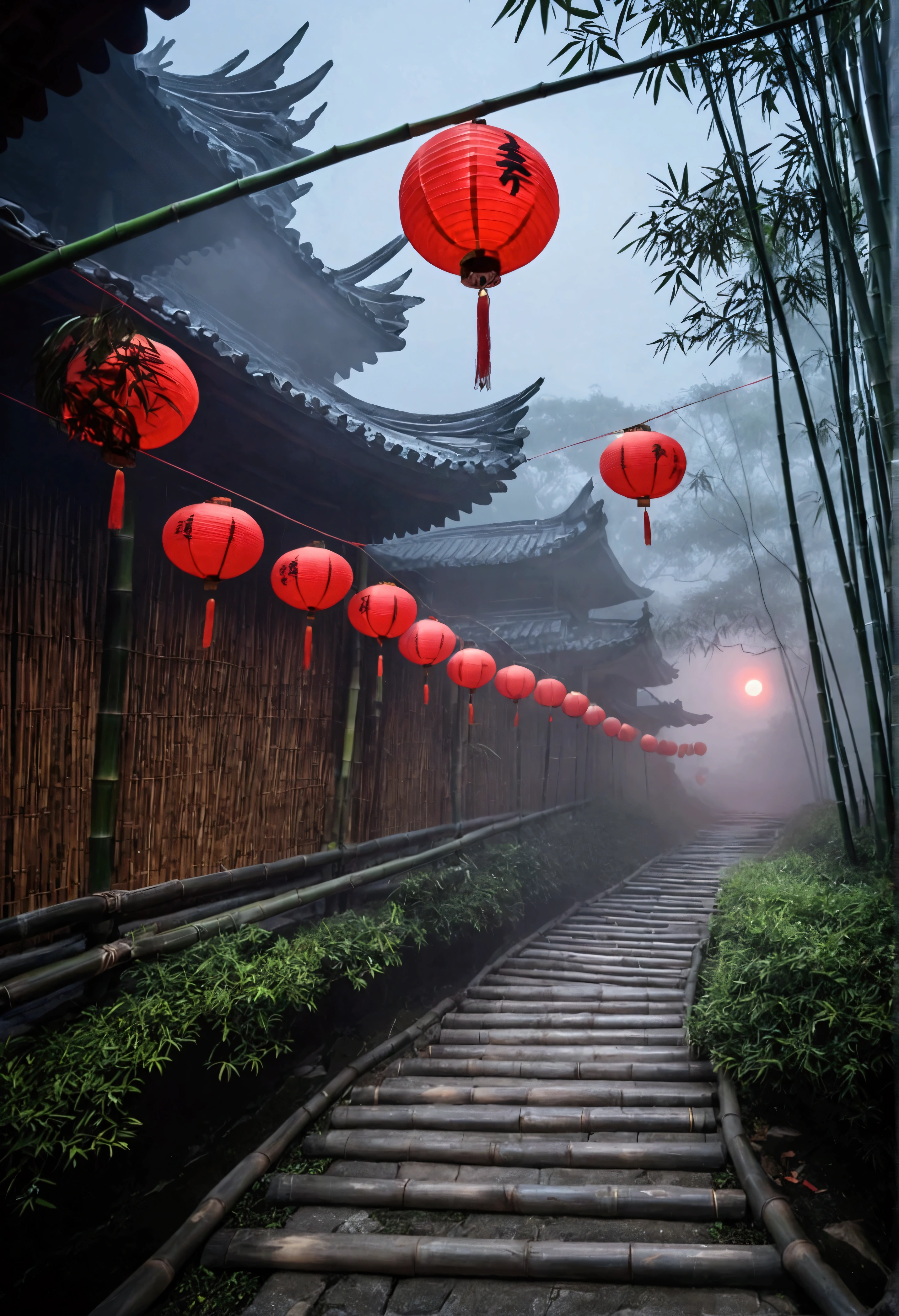 bamboo、A large square at the back of the screen、Lanterns leading to the square、Thick Fog、darkness、Red Moon