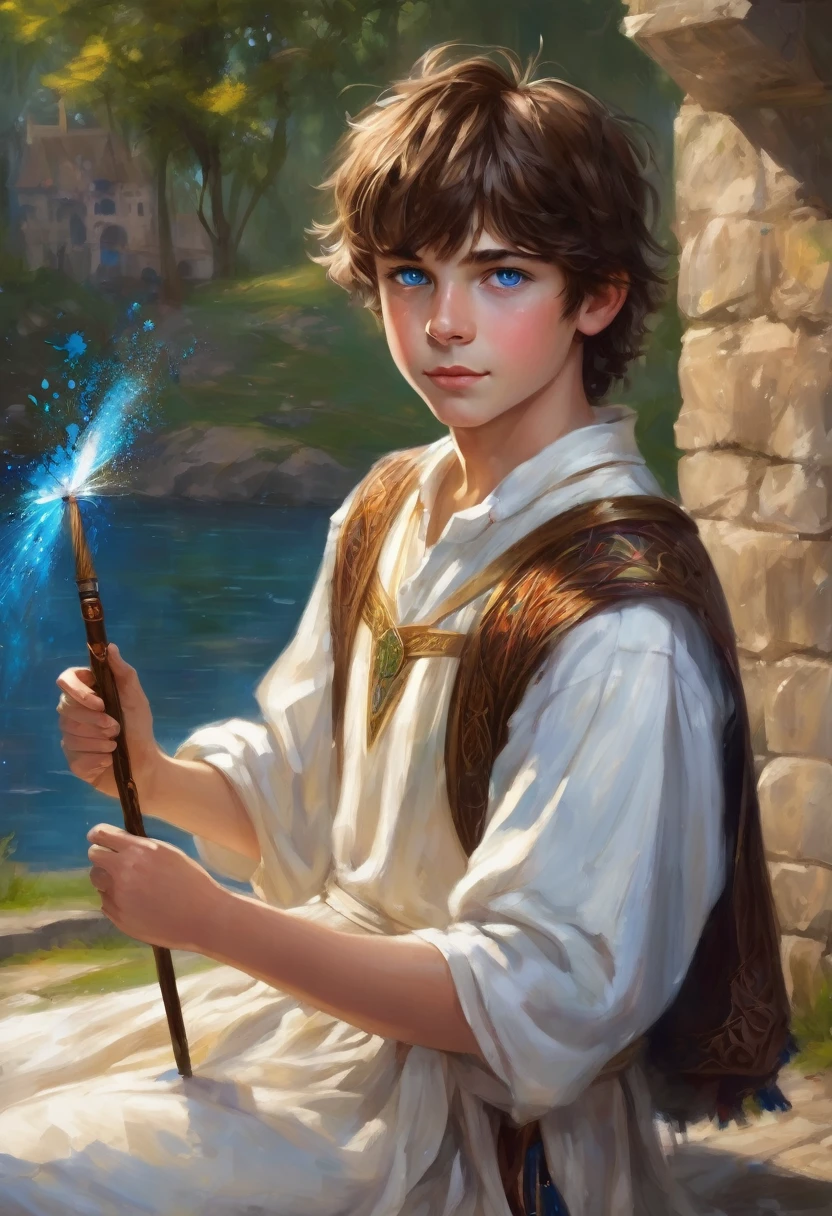 menino adolescente , Cabelo castanho médio com franja bagunçada., olhos azuis mágicos brilhantes, pintura mágica, pincel mágico, magia antiga usada, vestido branco, tempos medievais, detalhe de amor, boa qualidade