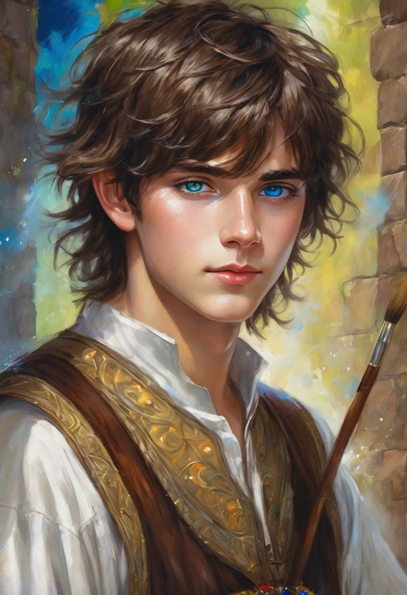 young teen boy , Medium Brown Hair with Messy Fringe Hairstyle., one green eye and one blue eye, painting magic, magic paint brush, ancient magic use, magician dress, medieval times, love detail, good quality