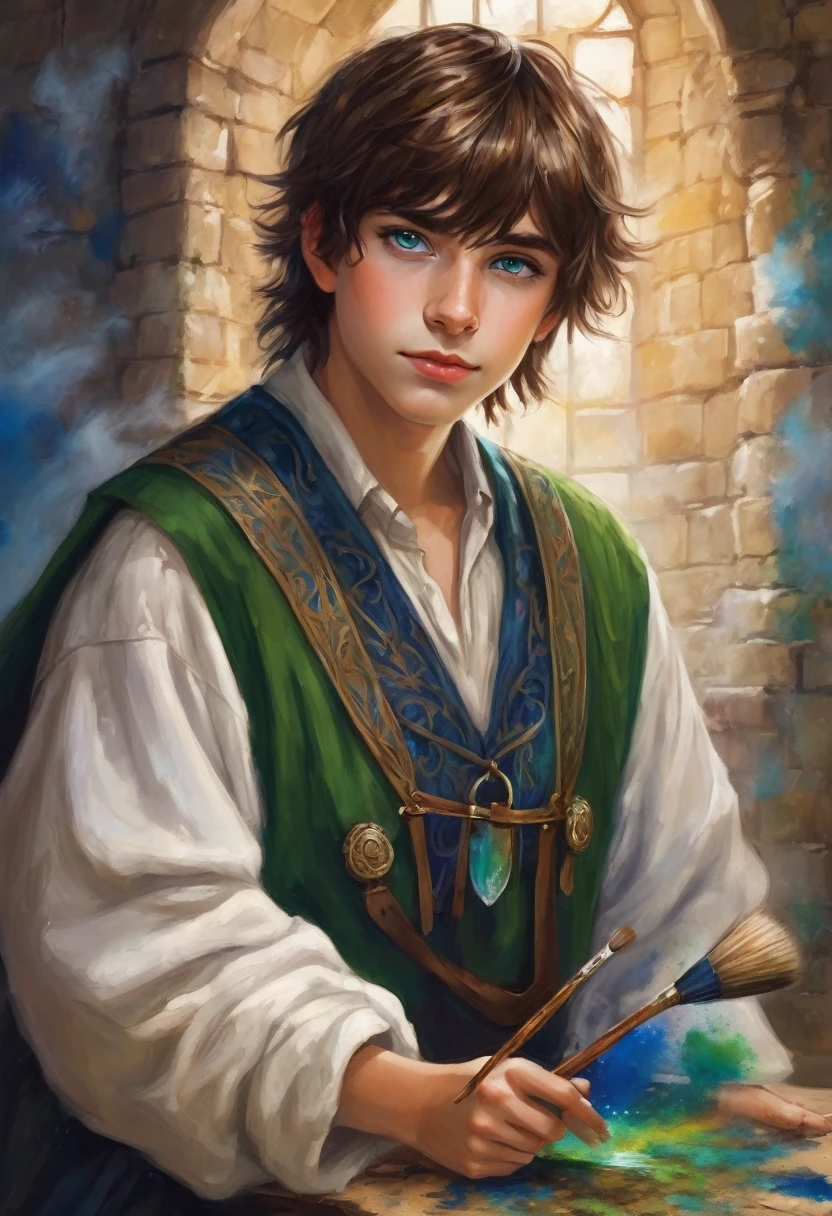 young teen boy , Medium Brown Hair with Messy Fringe Hairstyle., one green eye and one blue eye, painting magic, magic paint brush, ancient magic use, magician dress, medieval times, love detail, good quality