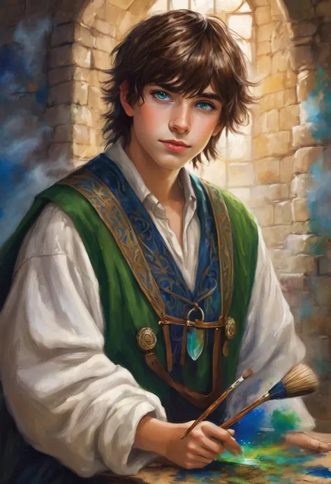 young teen boy , Medium Brown Hair with Messy Fringe Hairstyle., one green eye and one blue eye, painting magic, magic paint bru...