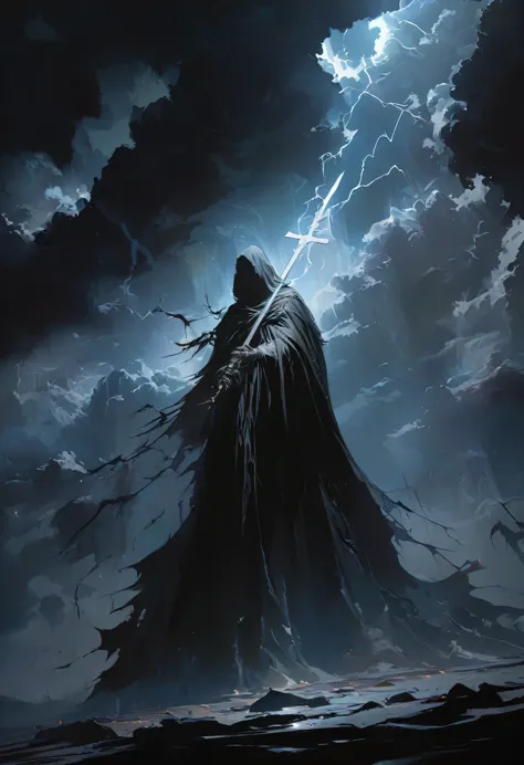 (masterpiece, best quality:1.2), Death in the Church，cloak，Holding a white cross，Winged Angel，moonlight，heavily clouded，Thunder and lightning， Dark fantasy illustration style , Dark Arts, High contrast, Dark Shadows, Atmospheric perspective, Melancholic colors, Thin Film Component, Volumetric Lighting, number, Brushstrokes, Dramatic Lighting, Low angle shot, Surrealism, Very detailed, Surrealism