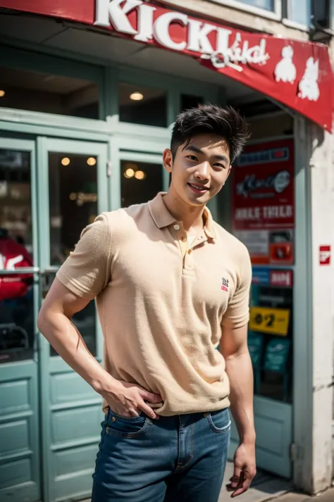 ((realistic daylight)) , young korean man in only a polo shirt, no stripes, and jeans., a handsome, muscular young asian man loo...