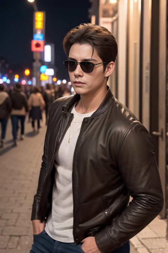 Masterpiece, Highest quality, realistic, A boy., adult man, Strongly built, The neck has a notch., the best, sunglasses, In the bustling city center at night