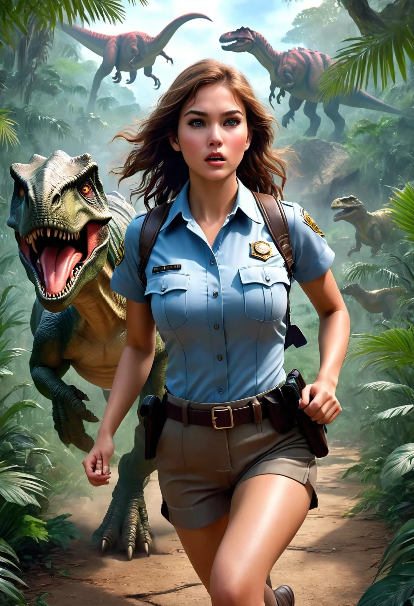 (((Highest quality, realistic, photorealistic:1.37), one girl, female security guard who traveled back in time to the dinosaur era running away from dinosaurs, expression of pain, fantasy art, (full body:1.3), female security guard who traveled back in time to the dinosaur era in a time machine, beautiful detailed face, long eyelashes, rosy cheeks, sturdy body, wavy hair, (sexy design tight bodysuit), (beautiful translucent bodysuit), running forever, chased by Tyrannosaurus, (dense jungle), (skin shining with sweat), strong contrast,)),