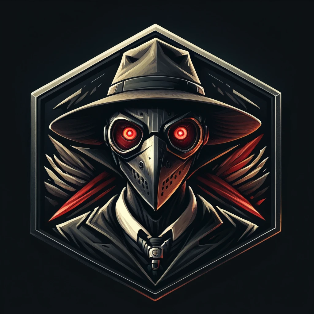 ultra high quality, high quality, premium, Badgetype,solo badge,counter strike2 type badge,solo,looking at viewer,red eyes,1boy,male focus,no humans,mask,glowing,black background,portrait,straight-on, plague doctor, simple background, hat