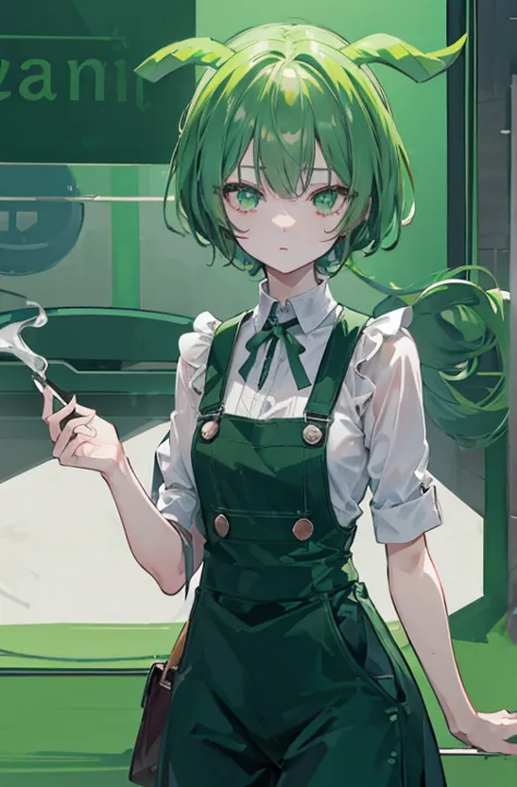 high quality, (shape:1.2), (Very detailed), Dark green hair,eyes are yellow,White shirt,Green Overalls, I&#39;Bright City M, At ...